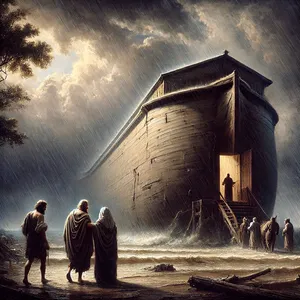 7. Og Noah gik ind i arken sammen med sine sønner, sin hustru og sine sønnekoner for at undgå flodens vand.